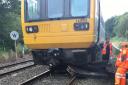 The derailed two-car 142 Northern train after it hit a trolley on the Giggleswick to Clapham line in August