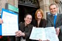 Niki Agliolo, Emma Wheatcroft and Tom Harvey with the petition
