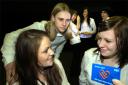 ‘WAITING’ TO START: A-level drama students, front,  Siobhan Callaghan, Josh Burnell and Sarah Allen (playing  reporter Kate Proctor). At the back are Hannah Plant, Rosie Barber and Dan Plant