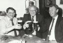 Alex Parker, Norman Benson and Mike Barker sample a pint of Hartley's Fellrunners at the Rose and Crown at Ulverston in 1988