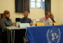 QUESTIONS: Panelists, from left, Ann Myatt, Chris Loynes, Tim Farron and John Bateson during the Kirkland Hall debate