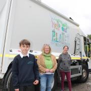 PROUD: (Left) Thomas Iveson with Cllr Dyan Jones and Hannah Girvan, SLDC’s Sustainability Coordinator. (Right) Monika Witkowicz also with Cllr Jones and artist Jeni McConnell of local climate change action group PEAT, Hannah Girvan, and Joe Cassidy