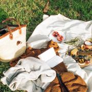 A picnic blanket and items laid out on the grass. Credit: Canva