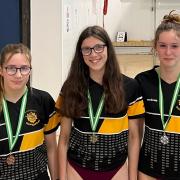 Girls 50 Breaststroke winners: L to R; Kayleigh Craggs - Bronze, Kate Collin - Gold, Lara Smith - Silver.