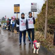 Ruth and Jayne on the picket line with Ruth's dog and other members of the union