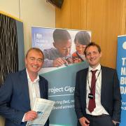 Tim Farron pictured with representative from Building Digital UK (BDUK)