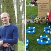 Rachael Mellor (right) at the resting place of son Mackenzie (left) who was killed in a tragic road traffic accident
