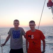 Alex Ramsey and Paul Thomas of Team Marco Yolo during the ferry crossing of the Caspain Sea