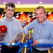 (left) Owner at Holgates Caravan Park Michael Holgate and Mp Tim Farrom opening the new bowling alley..