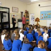 Dr Kaye Ward on the left with Mrs Paula Bowen on the right (acting head ) Hawkshead Esthwaite Primary School