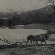 Mr Airey of Sandford Farm ploughing among the floods at Staveley-in-Cartmel in 1947
