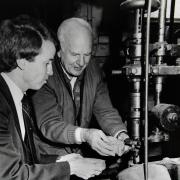 Secretary of State for the Environment Colin Moynihan (left) on a visit to Stott Park Bobbin Mill in 1987