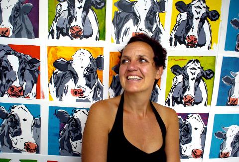 Artist Thuline de Cock with some of her work