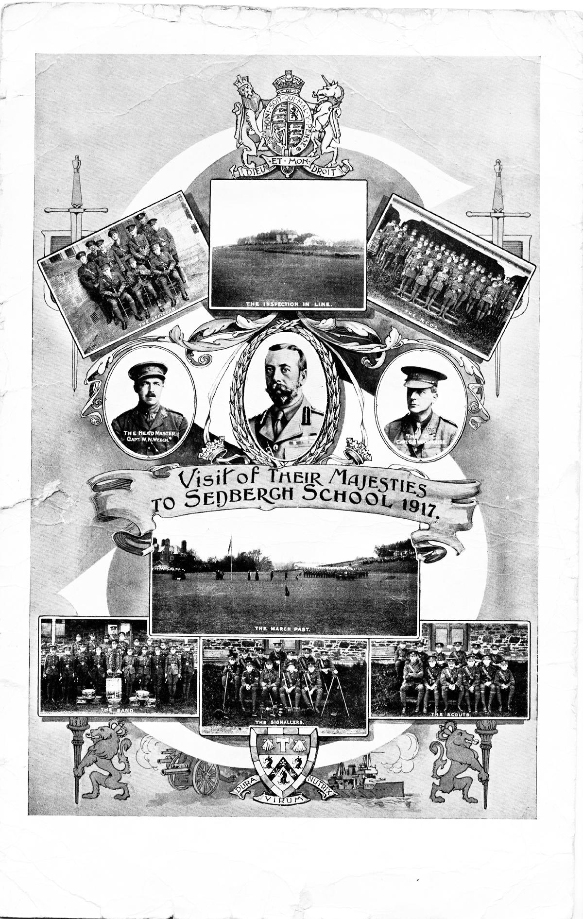 Card commemorating King George V's visit to Sedbergh School in 1917