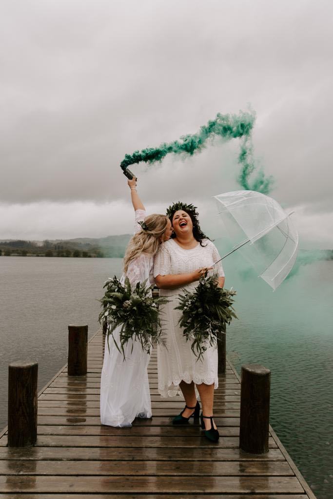 VIBRANT: Jenna and Sarah Murphy tied the knot at the Lowood Bay Resort in Windermere