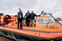 Mike Guy, chairman of the lifeboat management group, assistant provincial grand master Keith Beamont, and Steve Wilson, lifeboats operations manager, standing onboard the Morecambe RNLI hovercraft rescue vessel (Picture: Brian Ferrington)