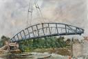 Finished painting of Gooseholme bridge being lowered into position, July 20th 2022. Watercolour and Chinese white over graphite and coloured pencil on 16 x 20 inch (41 x 51 cms) Lyndhurst cartridge pape: Drawn by Robert Henfrey