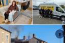 Janet Devereux (top left) was living in a 'hovel house' after a major fire (below) left her homeless. Carpet World staff (top right) helped transform her home