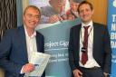 Tim Farron pictured with representative from Building Digital UK (BDUK)