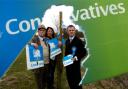 UNHAPPY: Conservative Parliamentary Candidate Gareth McKeever (right) and supporters Roger Bingham and Rachel Kane with some of the torn up election posters