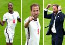 England scorers Sterling, left and Kane. Right, Southgate celebrates (photos: PA)