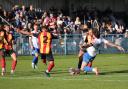 Action from the FA Cup 3rd Qualifying Round between Guiseley (white shirt) and Bradford (Park Avenue)