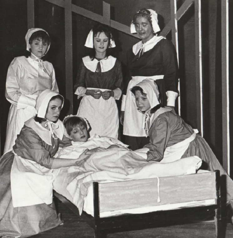 SHOW: Pupils of Casterton School during a dress rehearsal scene from Arthur Miller’s The Crucible, presented in conjunction with Sedbergh School in 1986. Back row, from left: Rachel Cove, Antonia Huddy and Claire Pilkington. Front row: Dawn Begg,