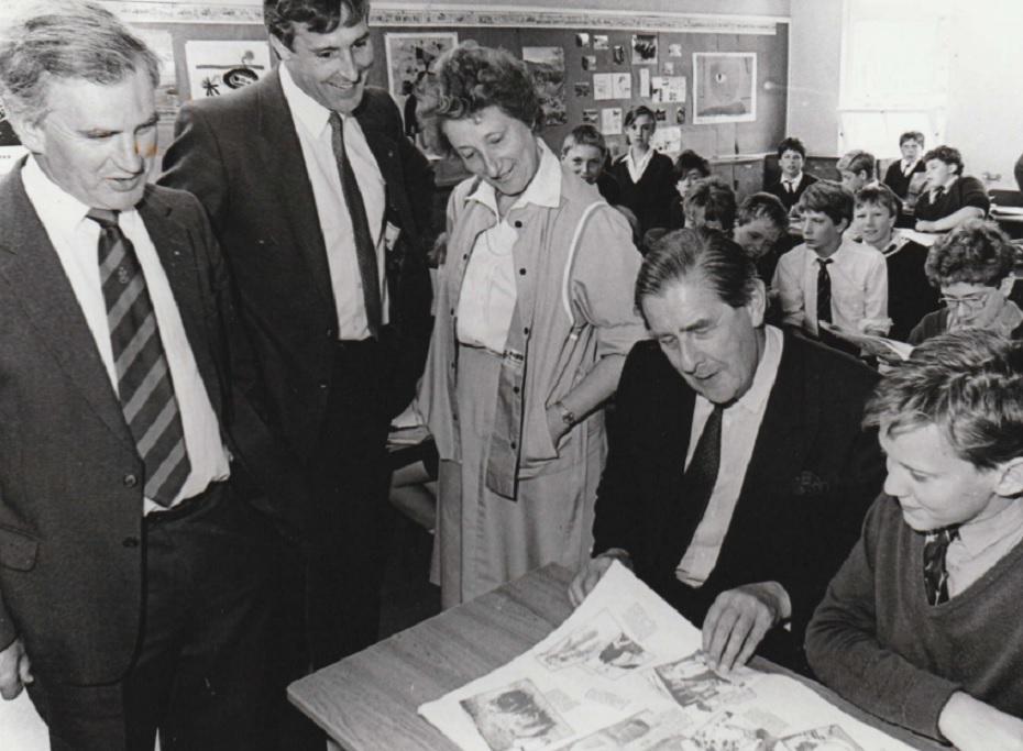 MP: Westmorland and Lonsdale MP Michael Jopling chats to 13-year-old pupil David Rigg during his visit to Kirkbie Kendal School in 1987. With them are chair of governors Brian Ellis (left), head John Lomax and head of Lower School Enid Holmes