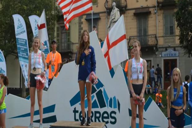 Jess Bailey (second right) finished in third place in the World Mountain Running Association International U18 Mountain Running Cup