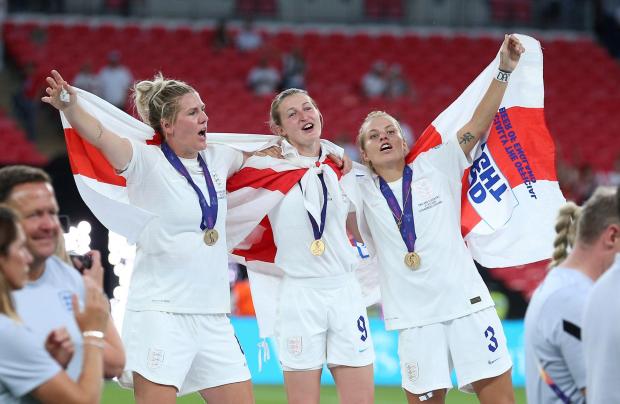 The Westmorland Gazette: Millie Bright, Ellen White and Rachel Daly celebrate victory over Germany. Credit: Nigel French/PA