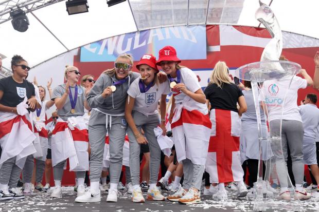 England's Georgia Stanway, Leah Williamson and Ella Toone with their medals during a fan celebration (James Manning/PA Wire)