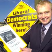 GREAT UNVEILING: Lib Dem candidate Tim Farron with his party’s election manifesto
