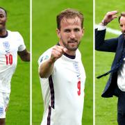 England scorers Sterling, left and Kane. Right, Southgate celebrates (photos: PA)