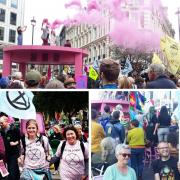 ACTION: Top: the big pink table erected at Covent Garden; bottom left (l/r): Extinction Rebellion South Lakes members Bee Pooley, Katie Begley and Ms Begley's mum, Suzie; bottom right: Bee Pooley and Adrian Porter