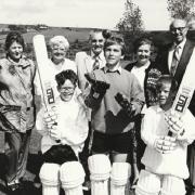 Ireleth St Peter’s School and Askam Primary School received cricket equipment in 1994. Pictured are school representatives and some of the sponsors