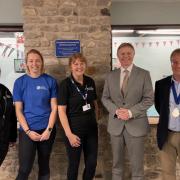 POOL: MP David Morris with Councilor Jim Grisenthwaite with manager Gillian Mason and staff members at Carnforth Community Pool