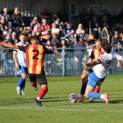 Action from the FA Cup 3rd Qualifying Round between Guiseley (white shirt) and Bradford (Park Avenue)