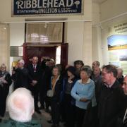 Supporters gather at the reopening of the visitor centre at Ribblehead Station