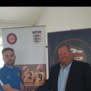James Pattison, Football Development Officer of The Westmorland FA (left) with David Shepherd, Sales and Marketing Director of Express Plumbing Supply