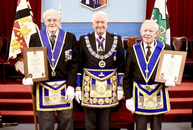 Celebrating their golden jubilee in Freemasonry are Keith Newby, left, and David Poole OBE, right, pictured with provincial grand master Norman Thompson (PICTURE: Brian Ferrington)